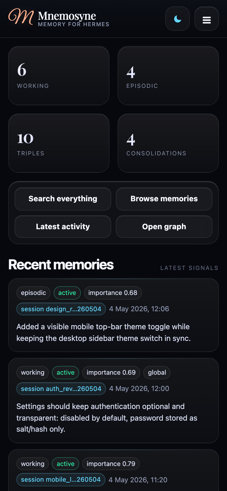 Mobile view of the dashboard with dark theme